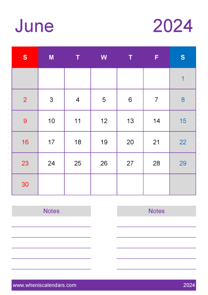 Download Printable June 2024 Calendar Free A4 Vertical J64235