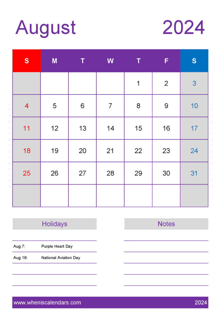 August 2024 Calendar in excel A84158