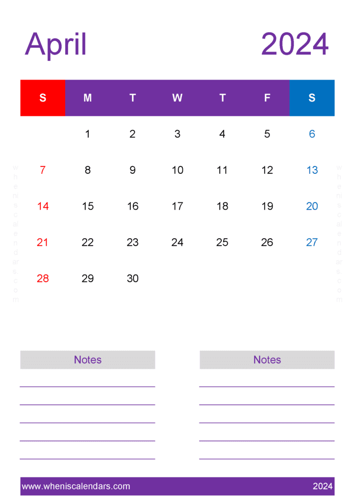 April 2024 Printable Calendar Word A44239