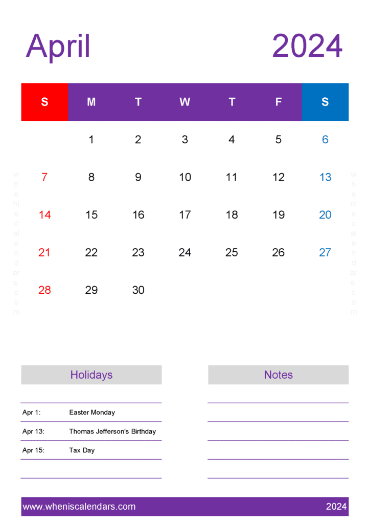 April 2024 Month Calendar Printable A44159