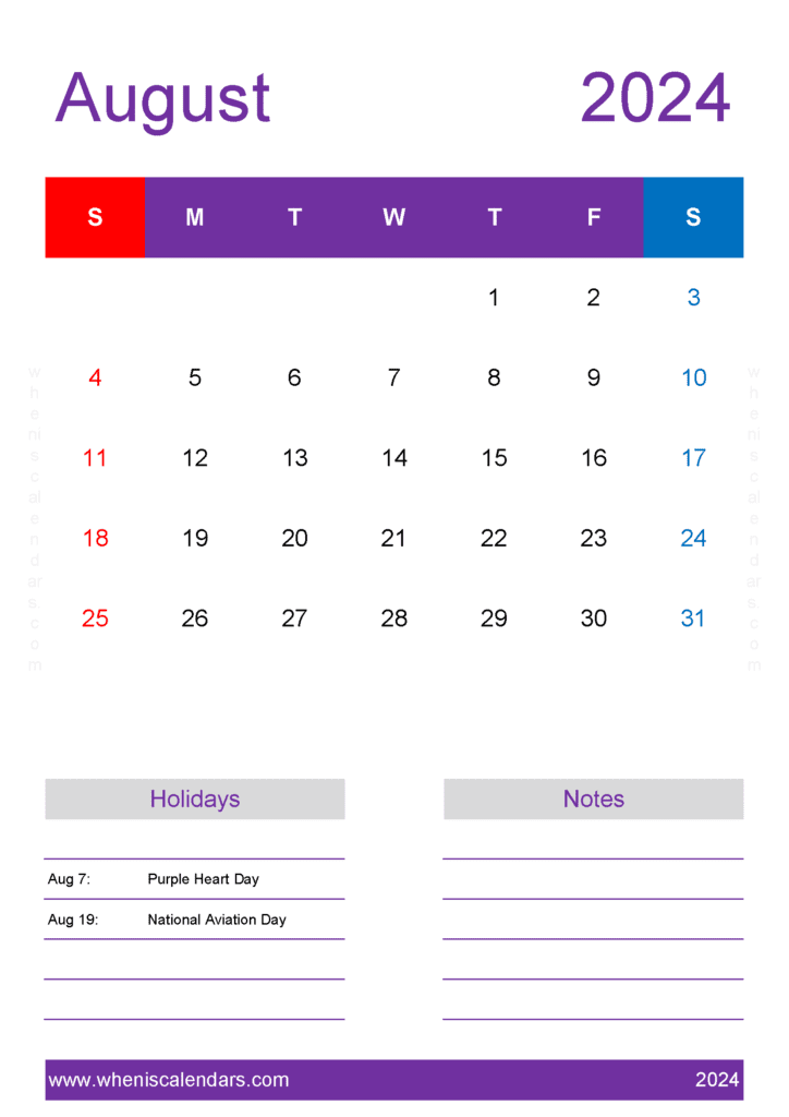 August 2024 month Calendar Printable A84159