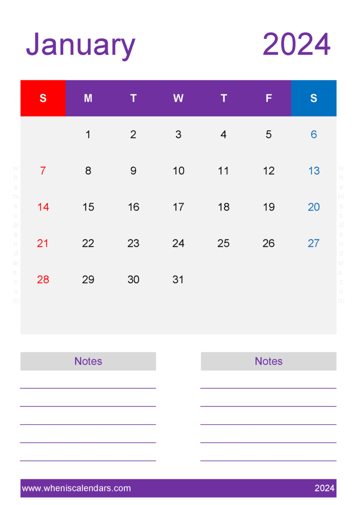 January monthly Calendar 2024 Printable Monthly Calendar