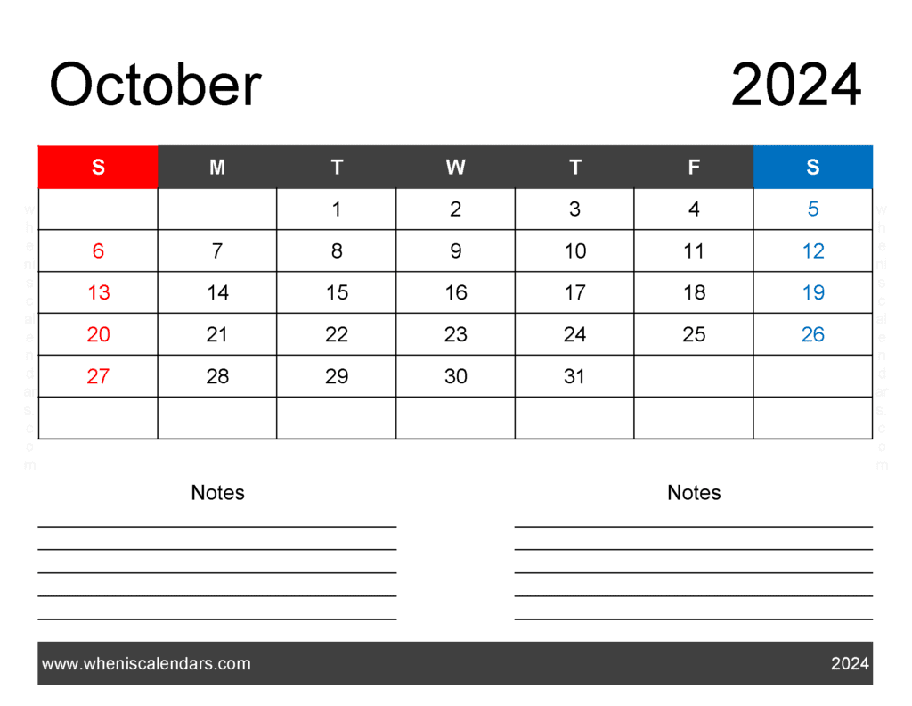 Download October Monthly Calendar 2024 Printable A4 Vertical O14240