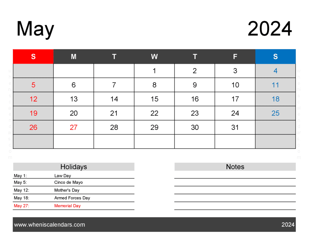 Download free May Calendar 2024 with Holidays printable