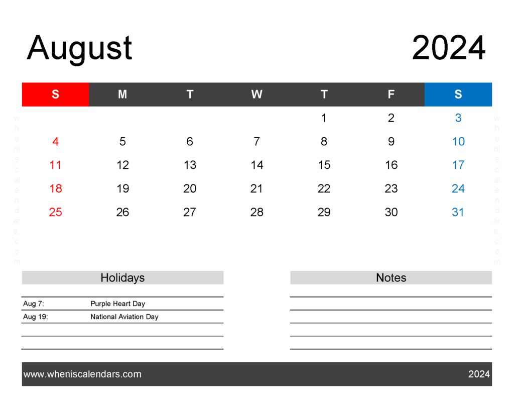 August Calendar 2024 editable A84163