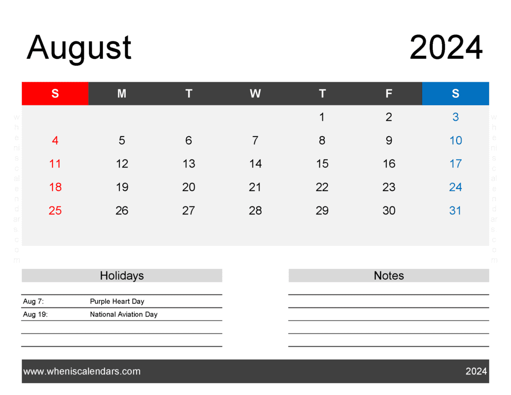monthly Calendar Printable August 2024 A84164