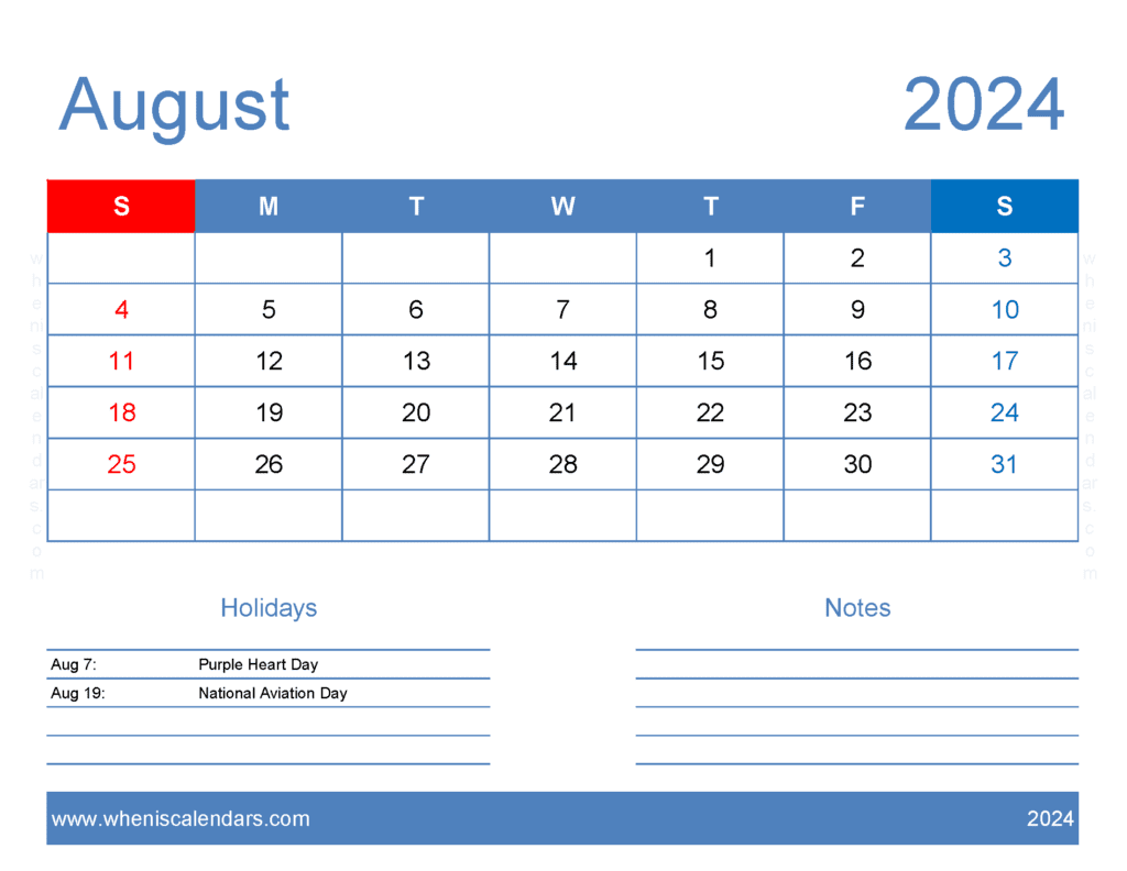 print a Calendar com August 2024 A84165