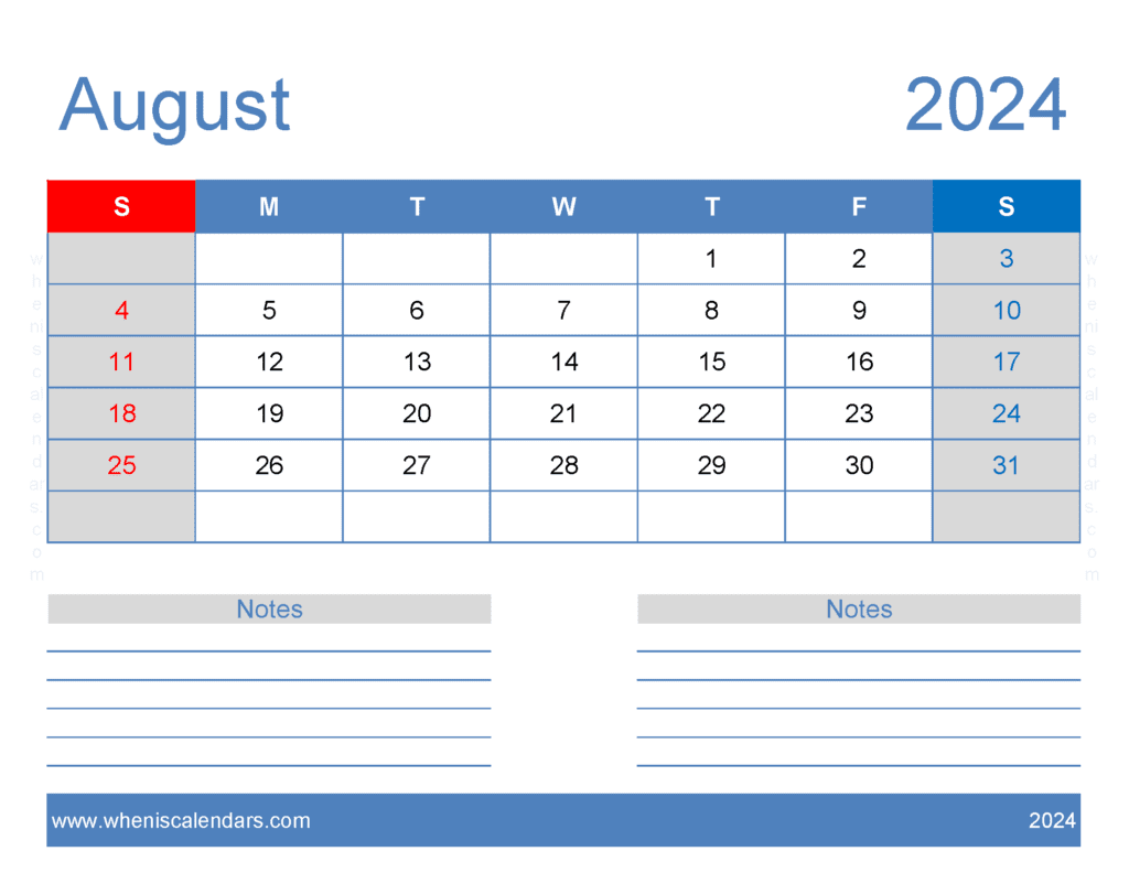 A4 August 2024 Calendar A84246