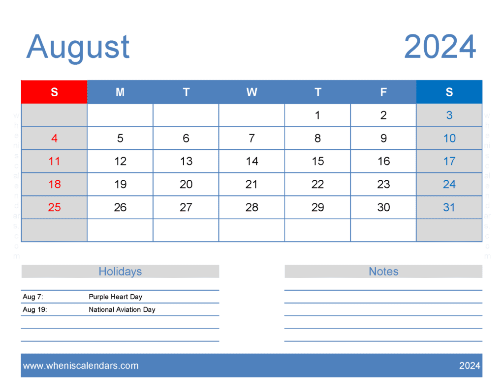 Free Calendar Printable August 2024 A84166