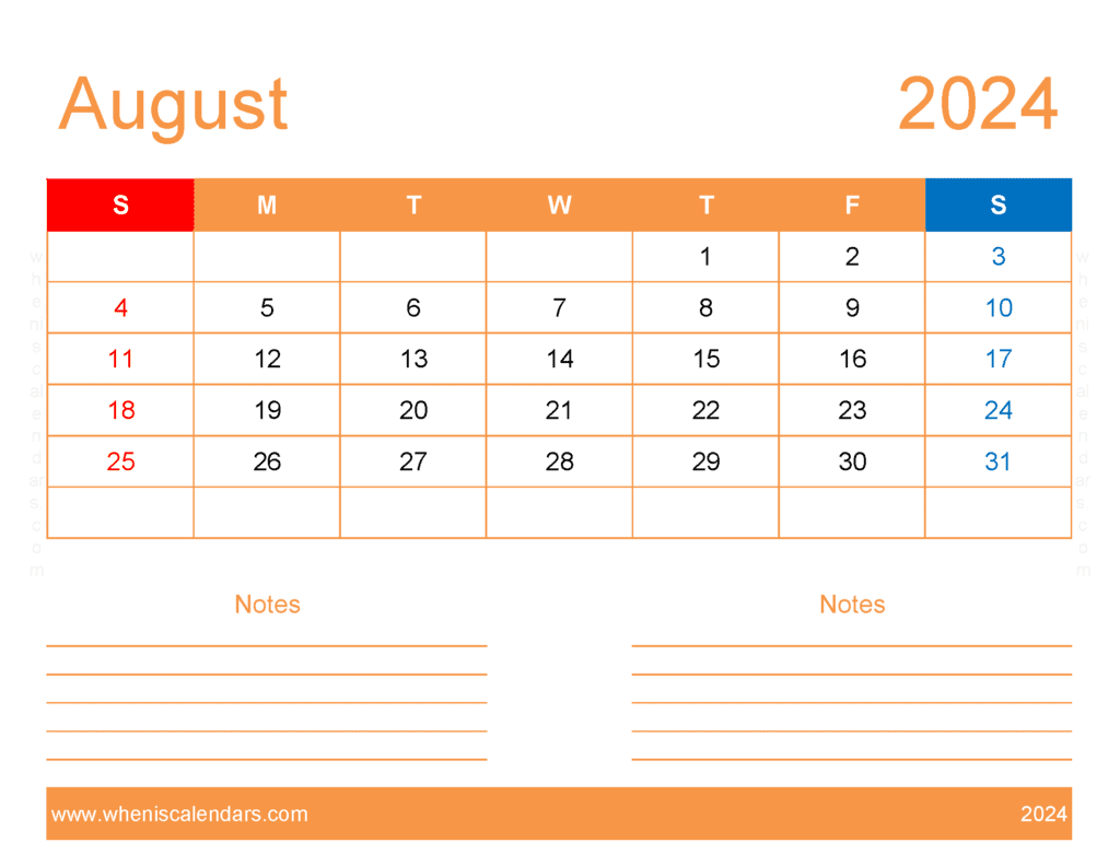 Blank August 2024 Calendar to print A84253