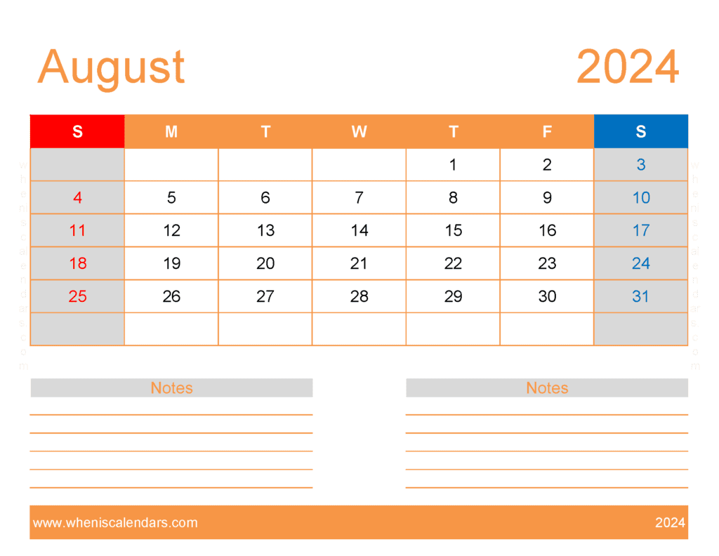 Free Printable monthly Calendar Aug 2024 A84254