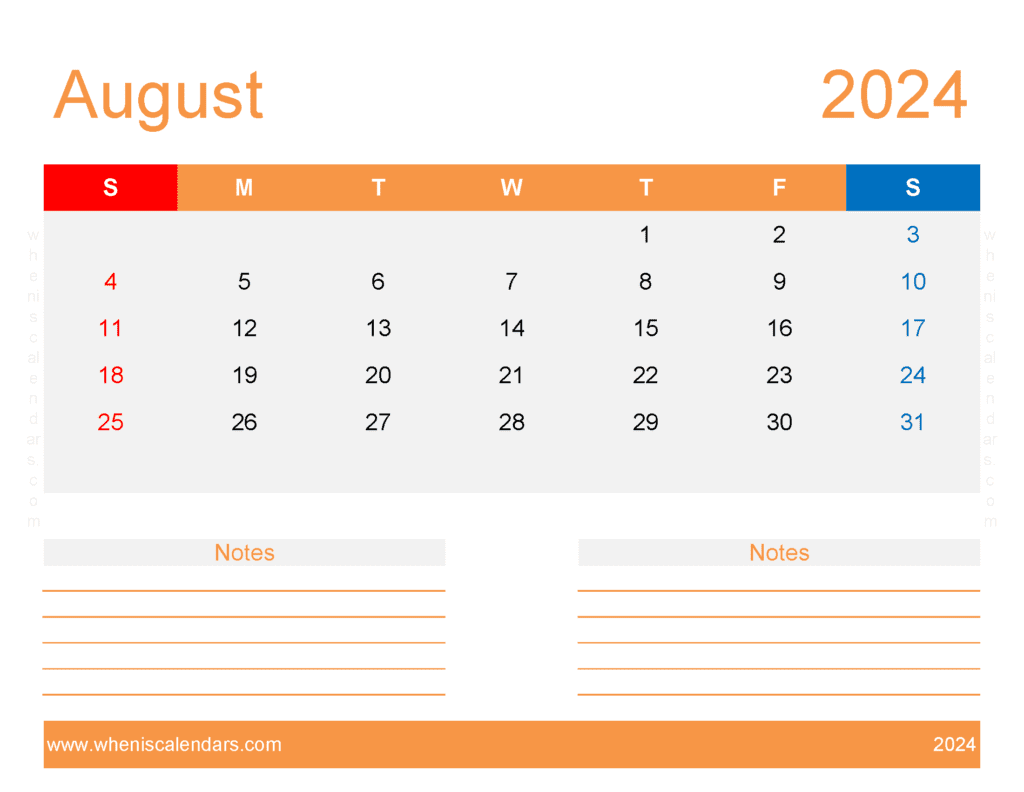 Blank August 2024 Calendar editable A84256