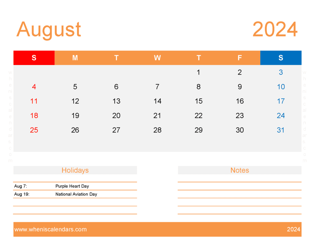 August 2024 Calendar excel Template A84176