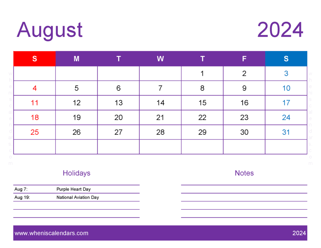 August 2024 Printable Calendar waterproof A84177