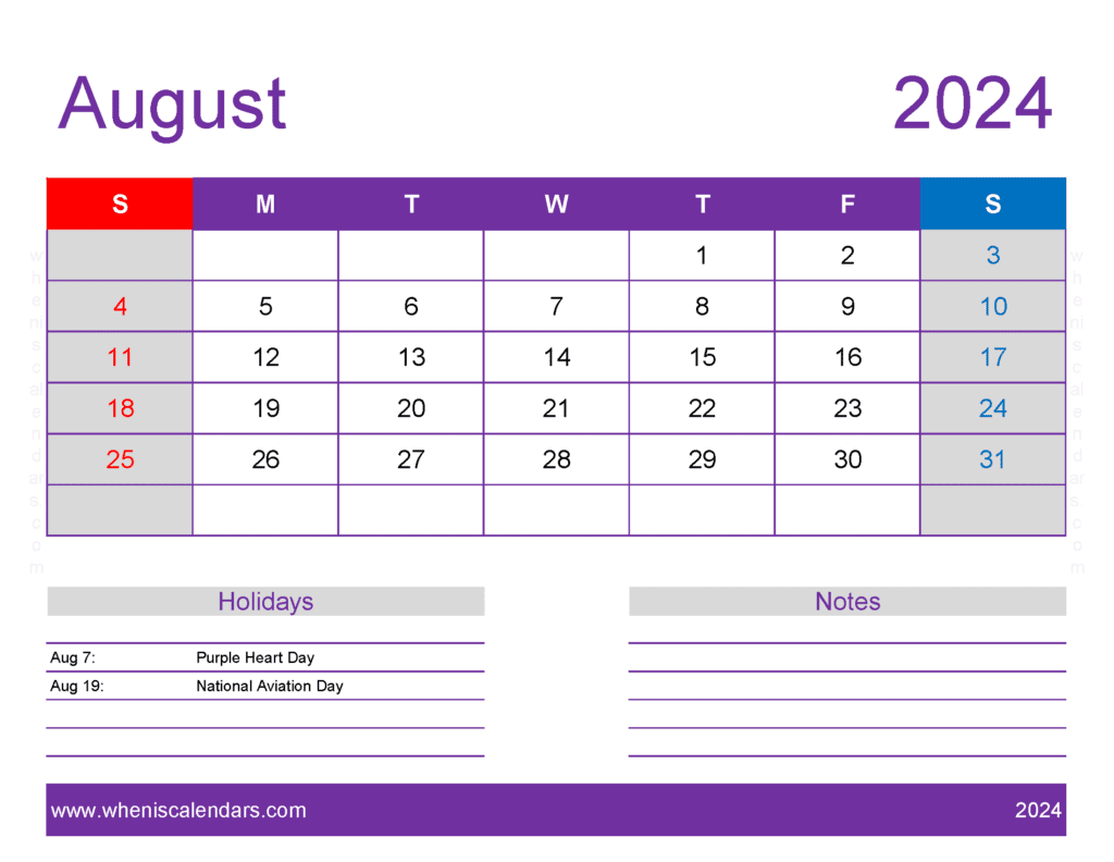 August 2024 Calendar Free print A84178
