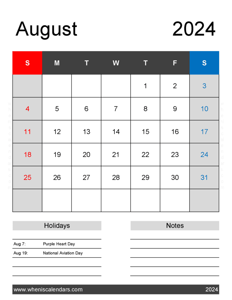 Free Printable Aug 2024 Monthly Calendar