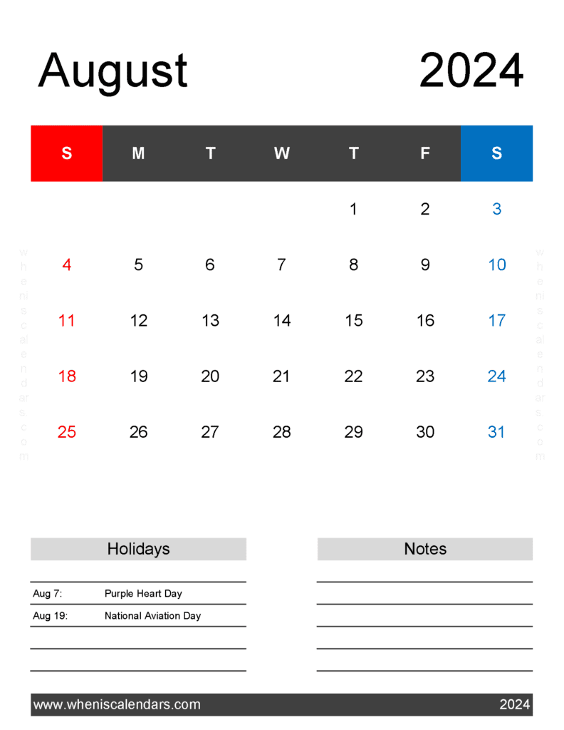 Free print Calendar August 2024 A84183