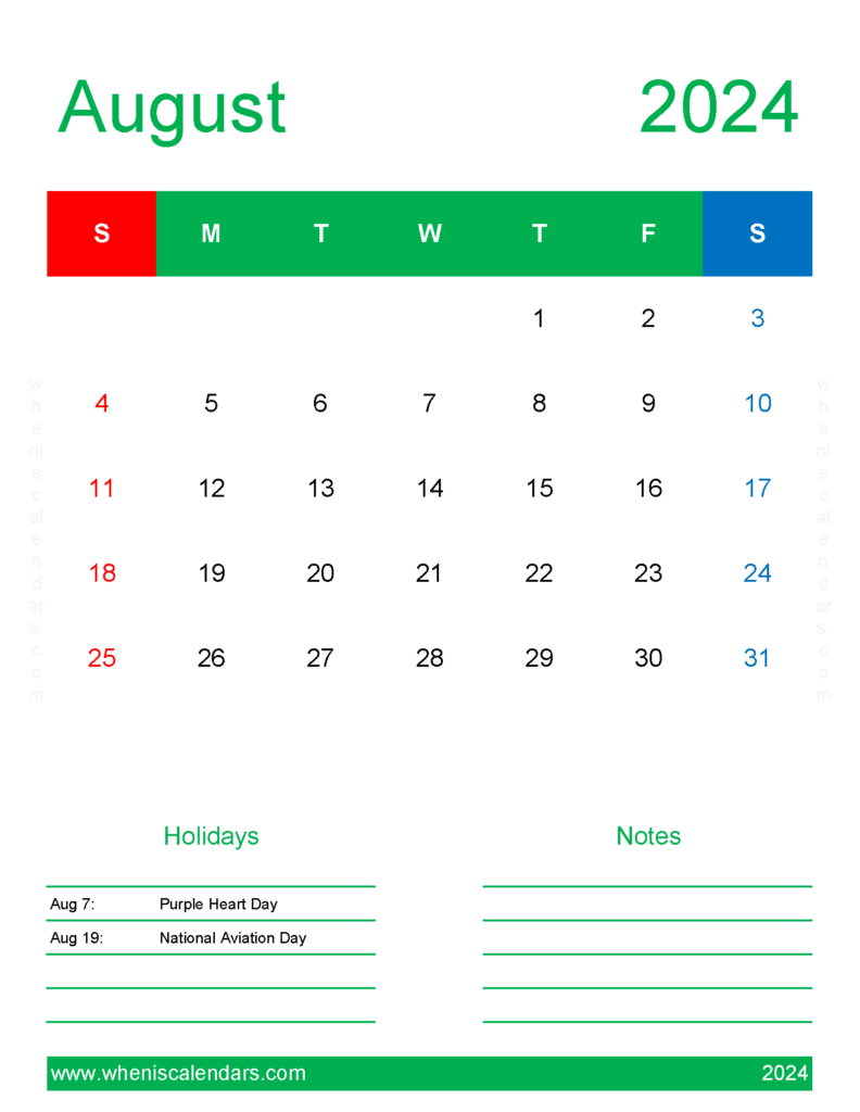 August 2024 Template Calendar Monthly Calendar