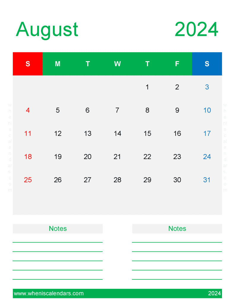 August 2024 Blank Calendar page A84272