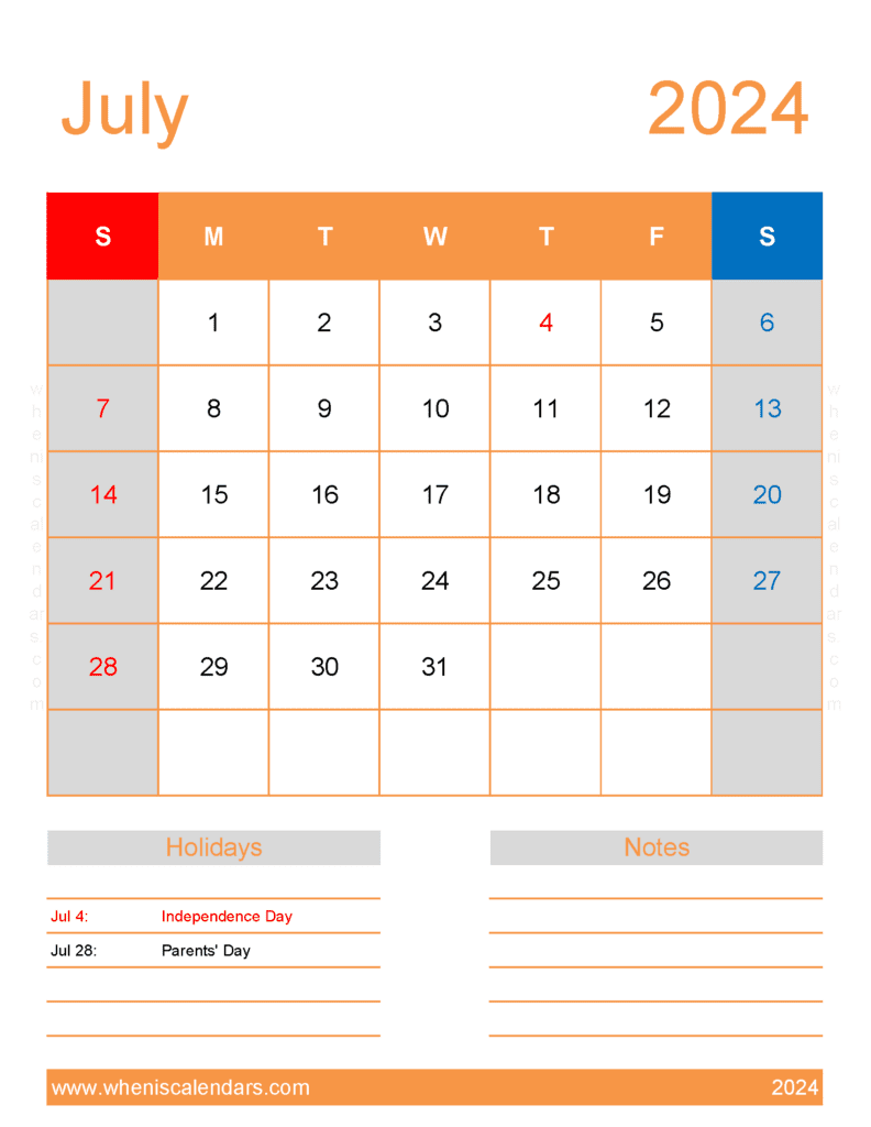 July 2024 Free Calendar Printable J74194