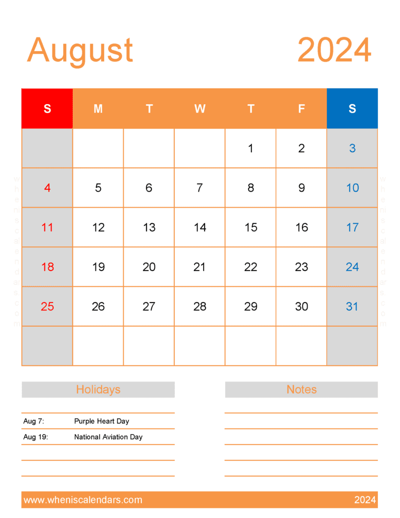 August 2024 Free Calendar Printable A84194
