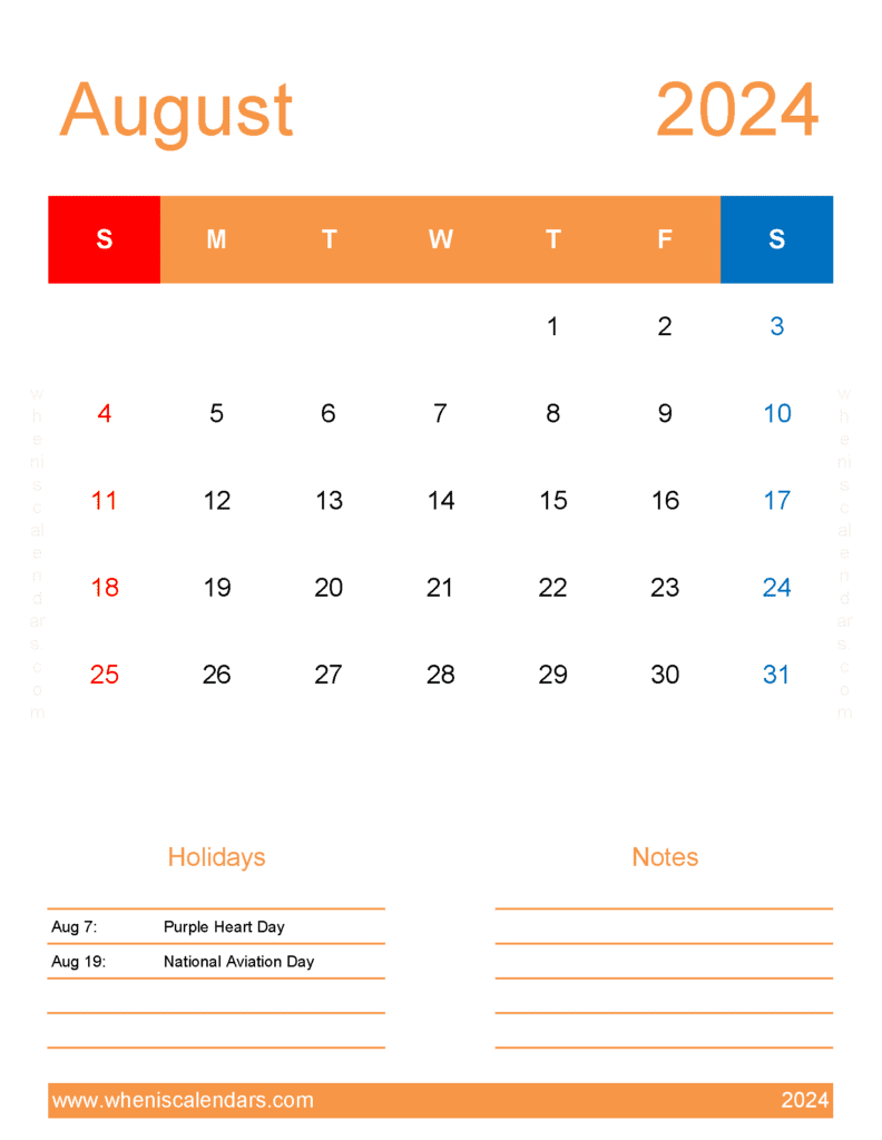 August fillable Calendar 2024 A84195