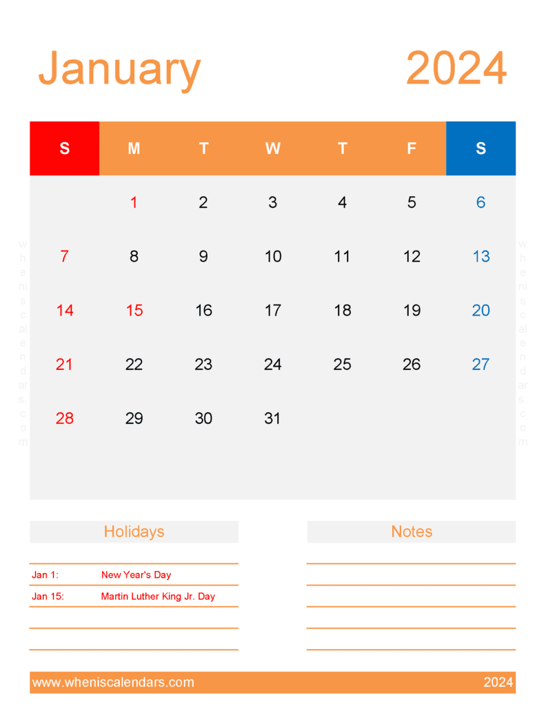 January 2024 Weekly Calendar Printable J14196