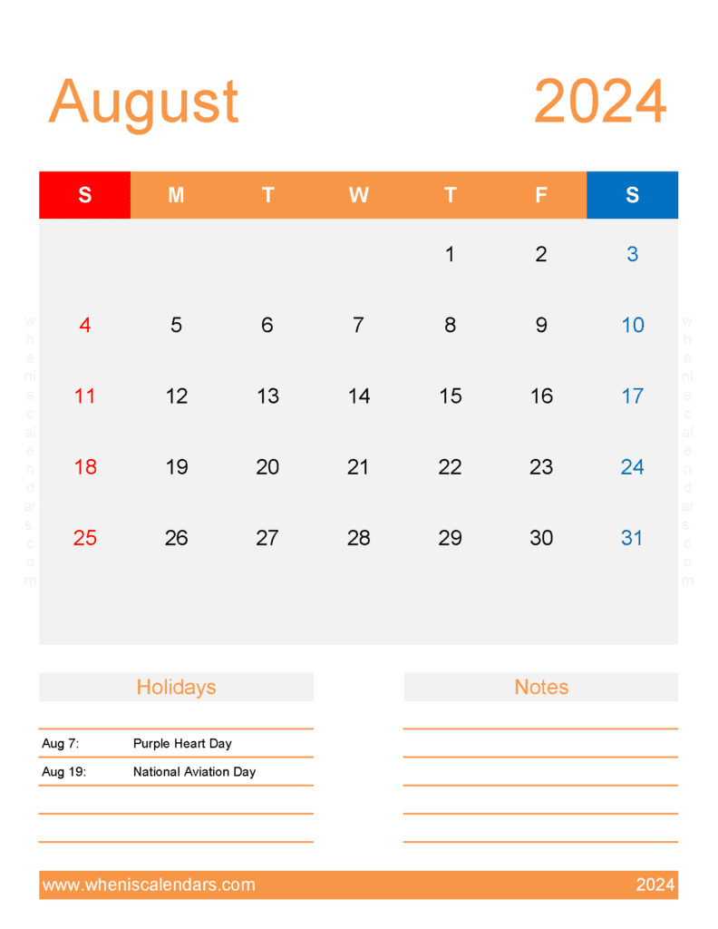 August 2024 Free Calendar Printable Monthly Calendar