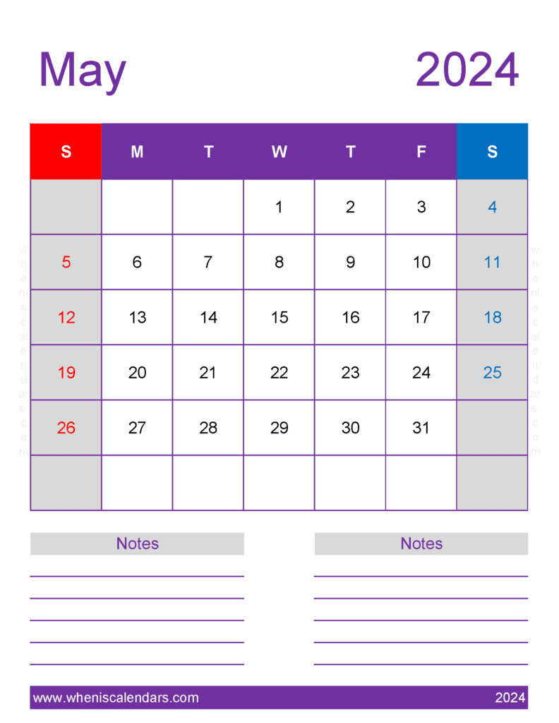May 2024 Calendar Printable Vertical Monthly Calendar