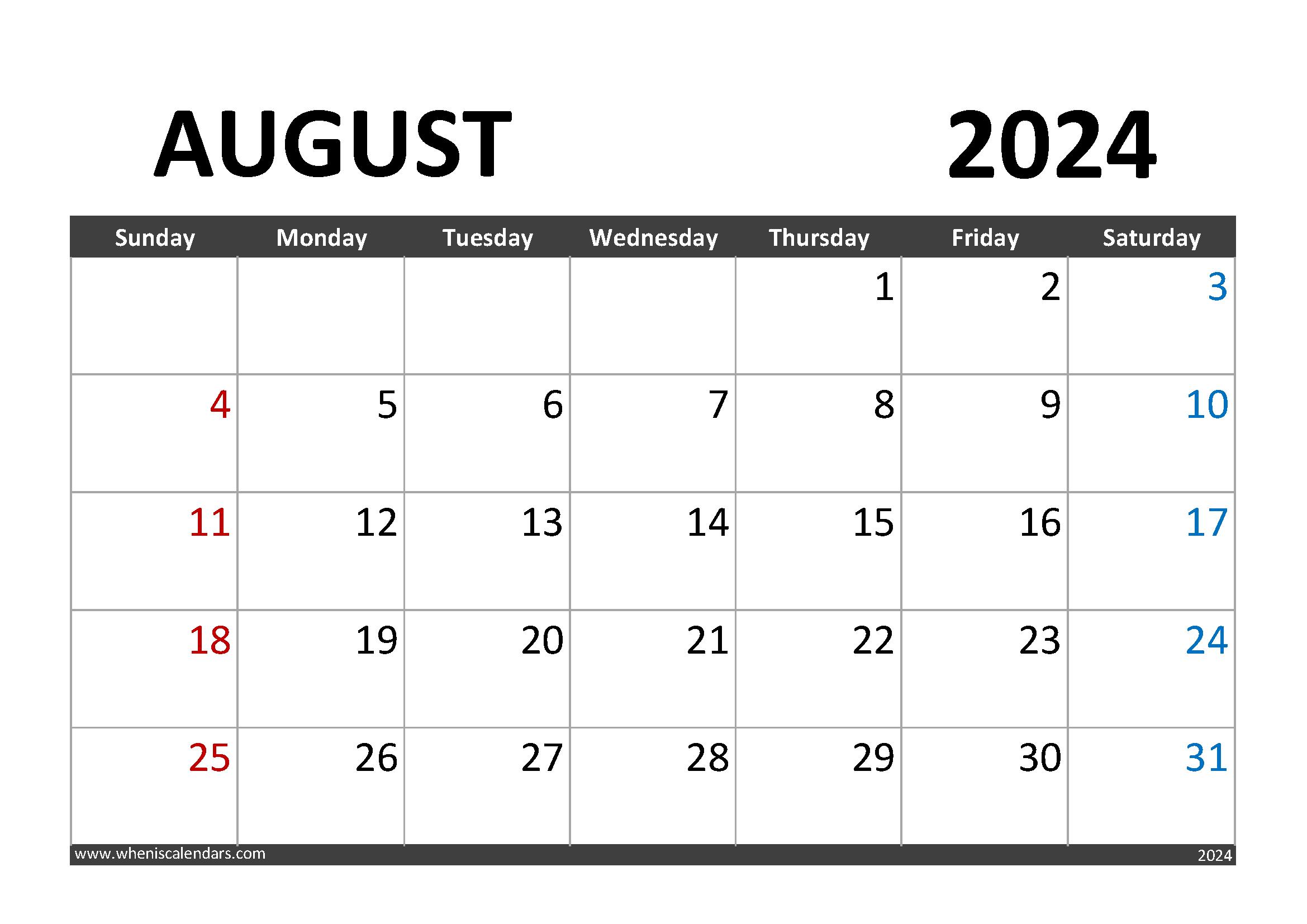 cute August 2024 Printable Calendar Monthly Calendar