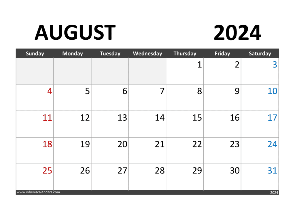 Calendar August 2024 Print Monthly Calendar
