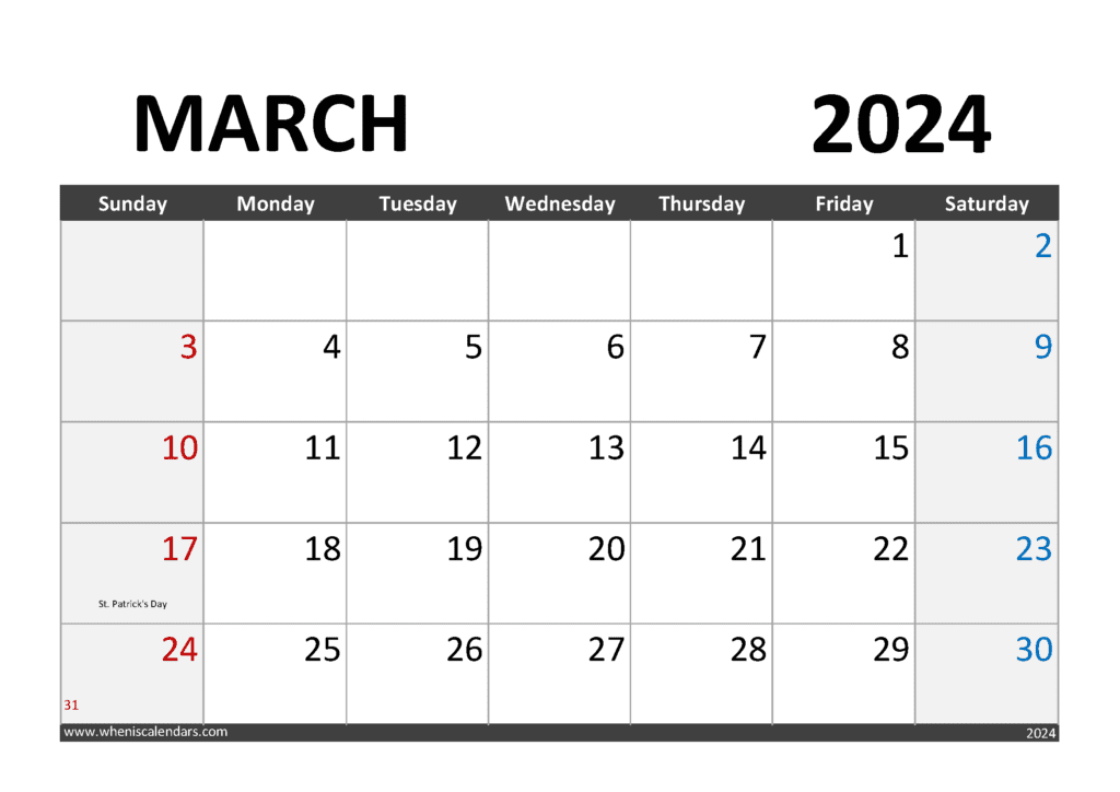 Download Calendar March 2024 Print A4 Horizontal M34283