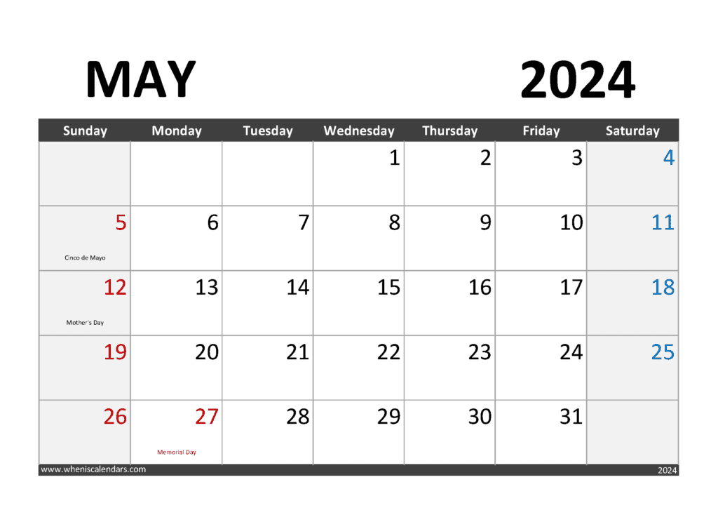 May 2024 Calendar With Holidays M54004