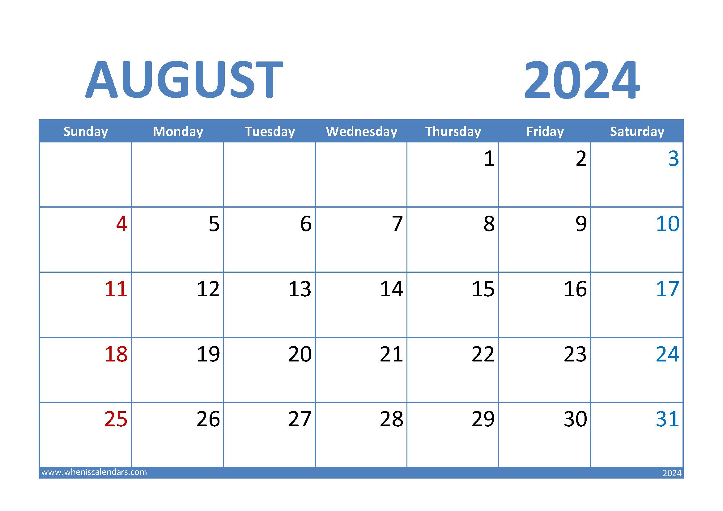 August 2024 Calendar Excel Monthly Calendar