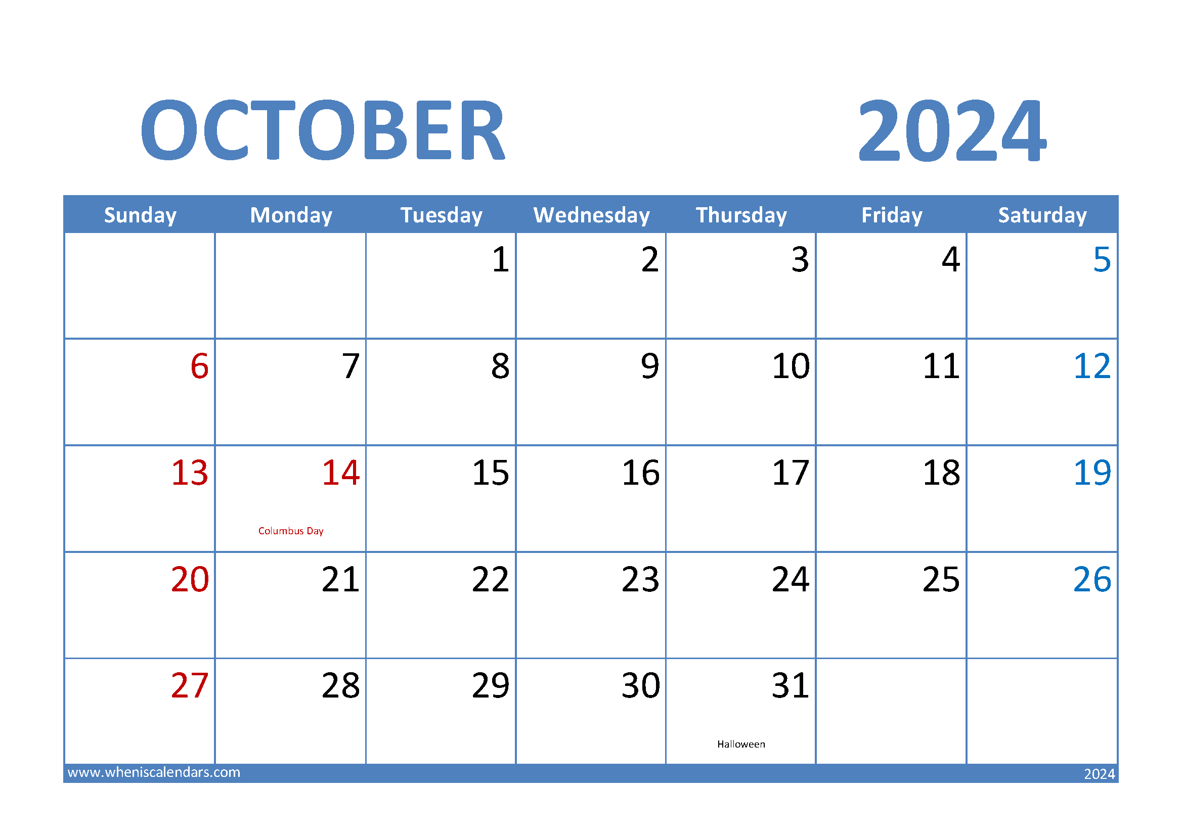 Calendar October 2024 Print Monthly Calendar
