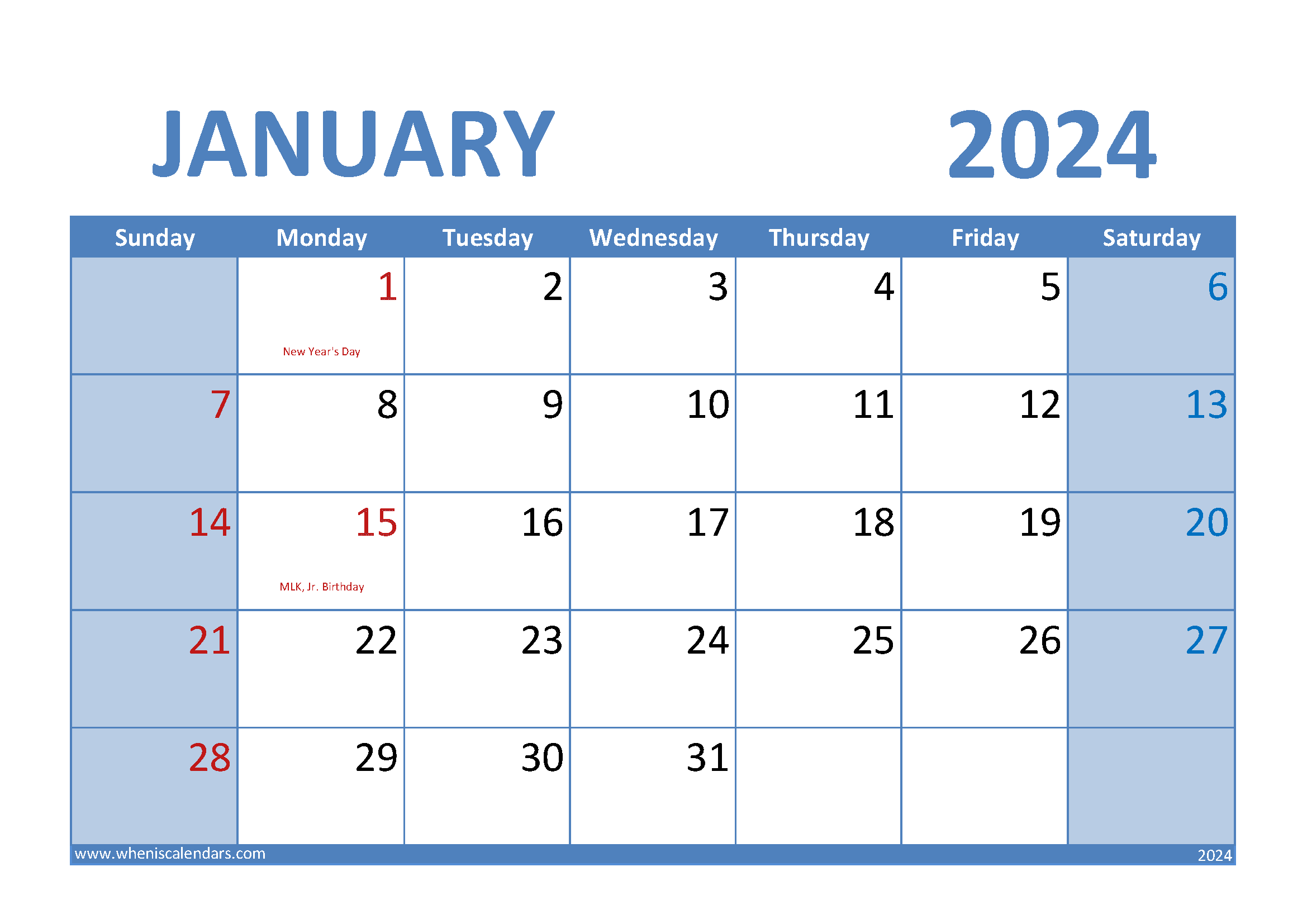 January 2024 Calendar A4 Monthly Calendar