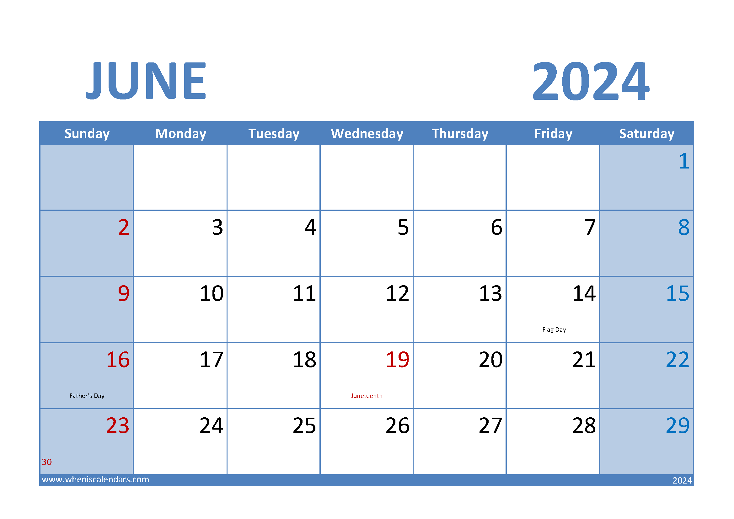 June 2024 Calendar A4 Monthly Calendar