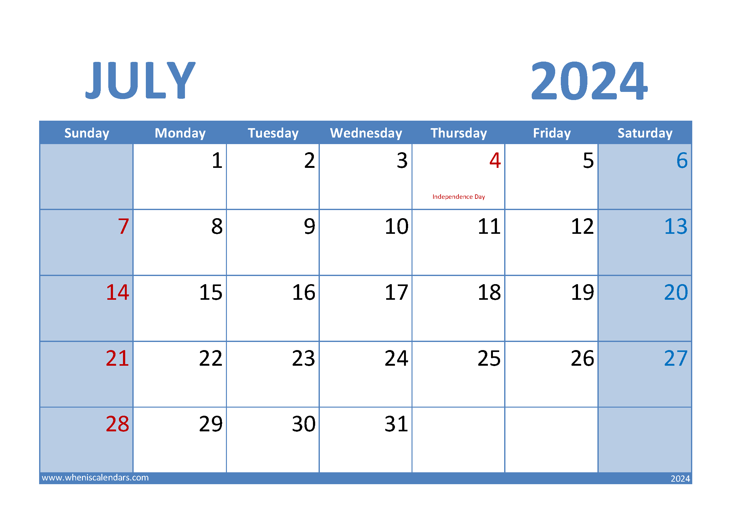 July 2024 Calendar Excel Monthly Calendar