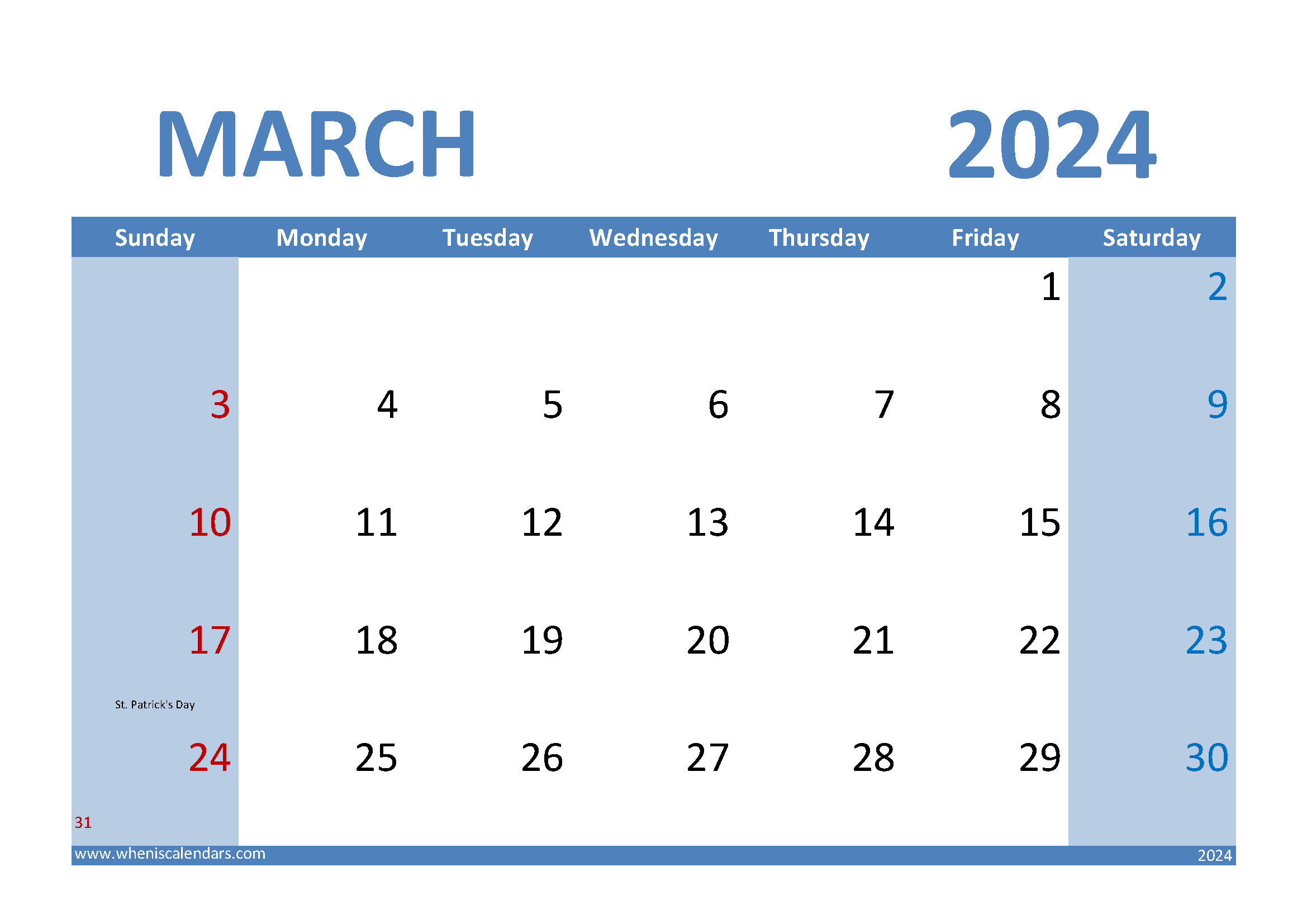 March 2024 Calendar A4 Monthly Calendar