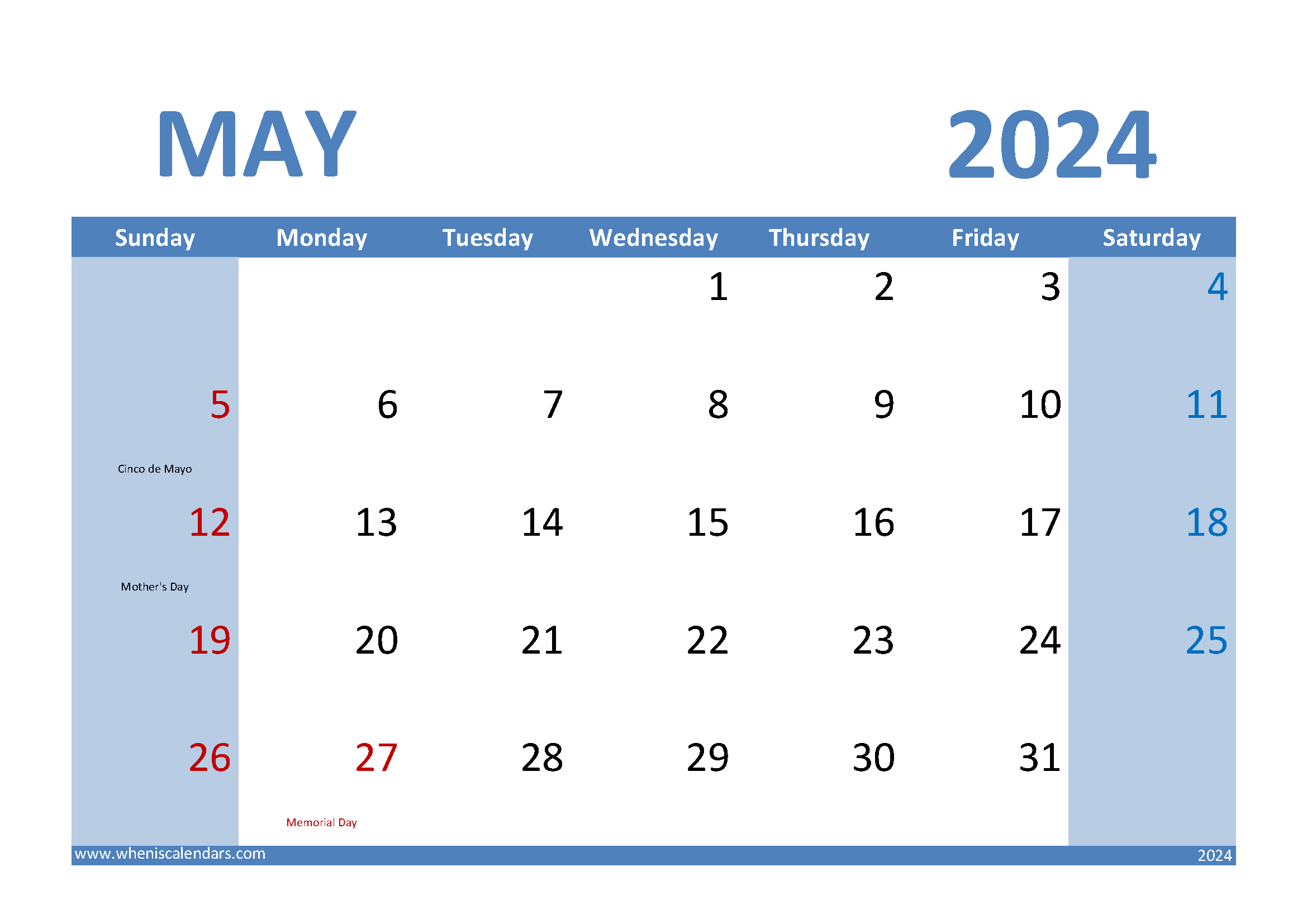 May 2024 Calendar A4 Monthly Calendar