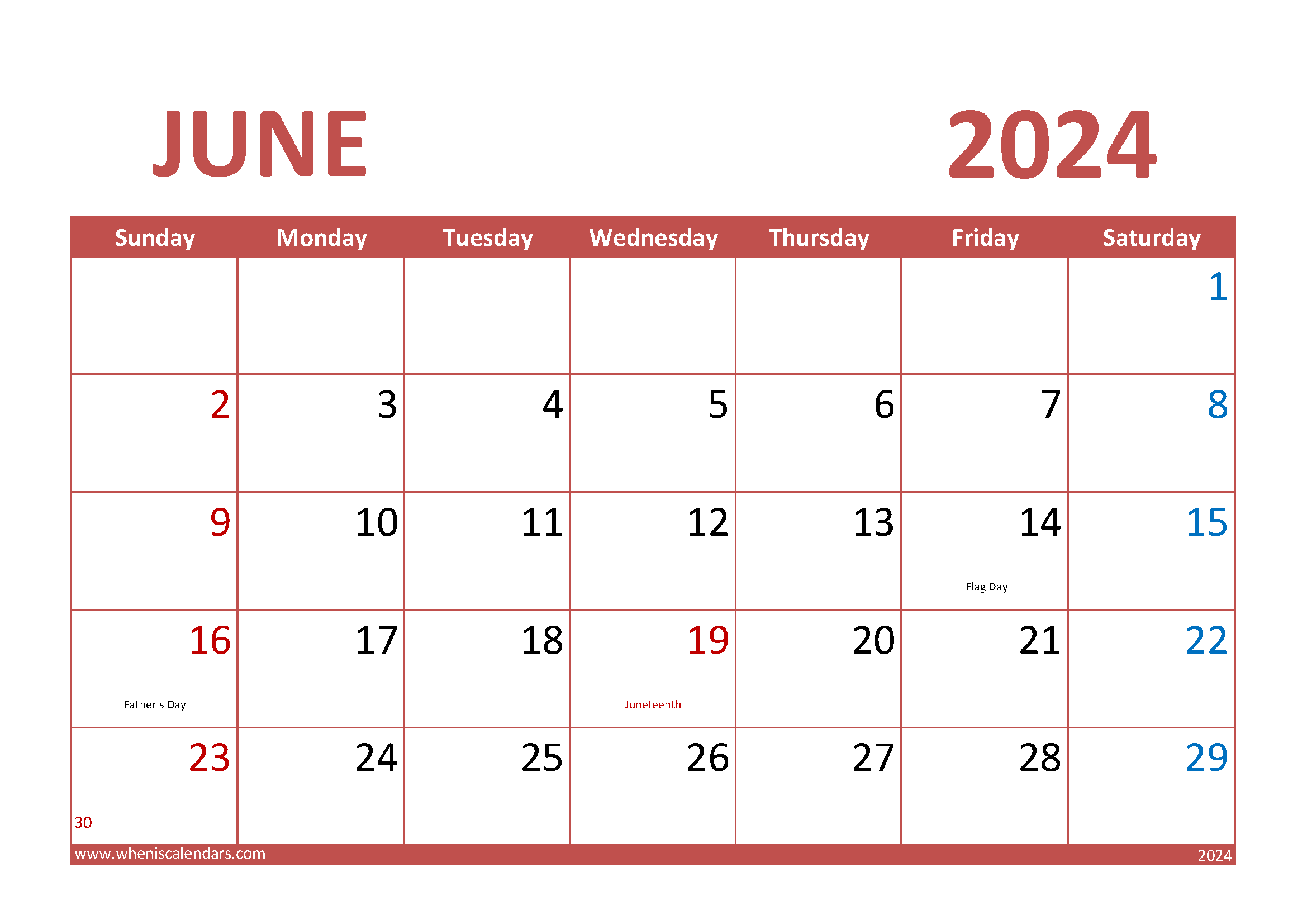 June 2024 Printable Calendar Monthly Calendar