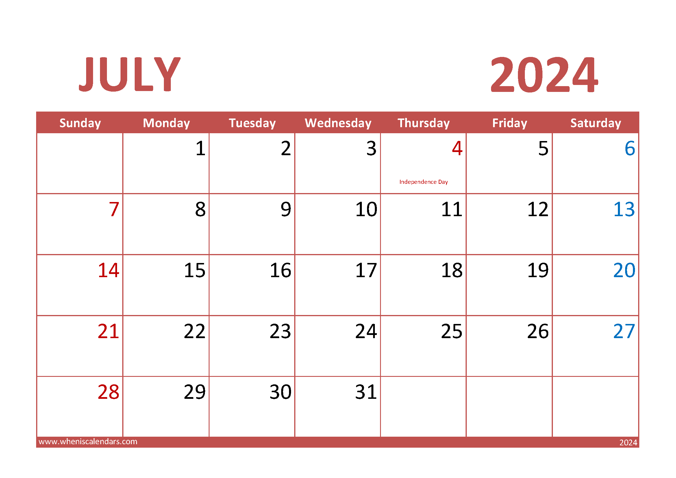 July 2024 Calendar Landscape Monthly Calendar