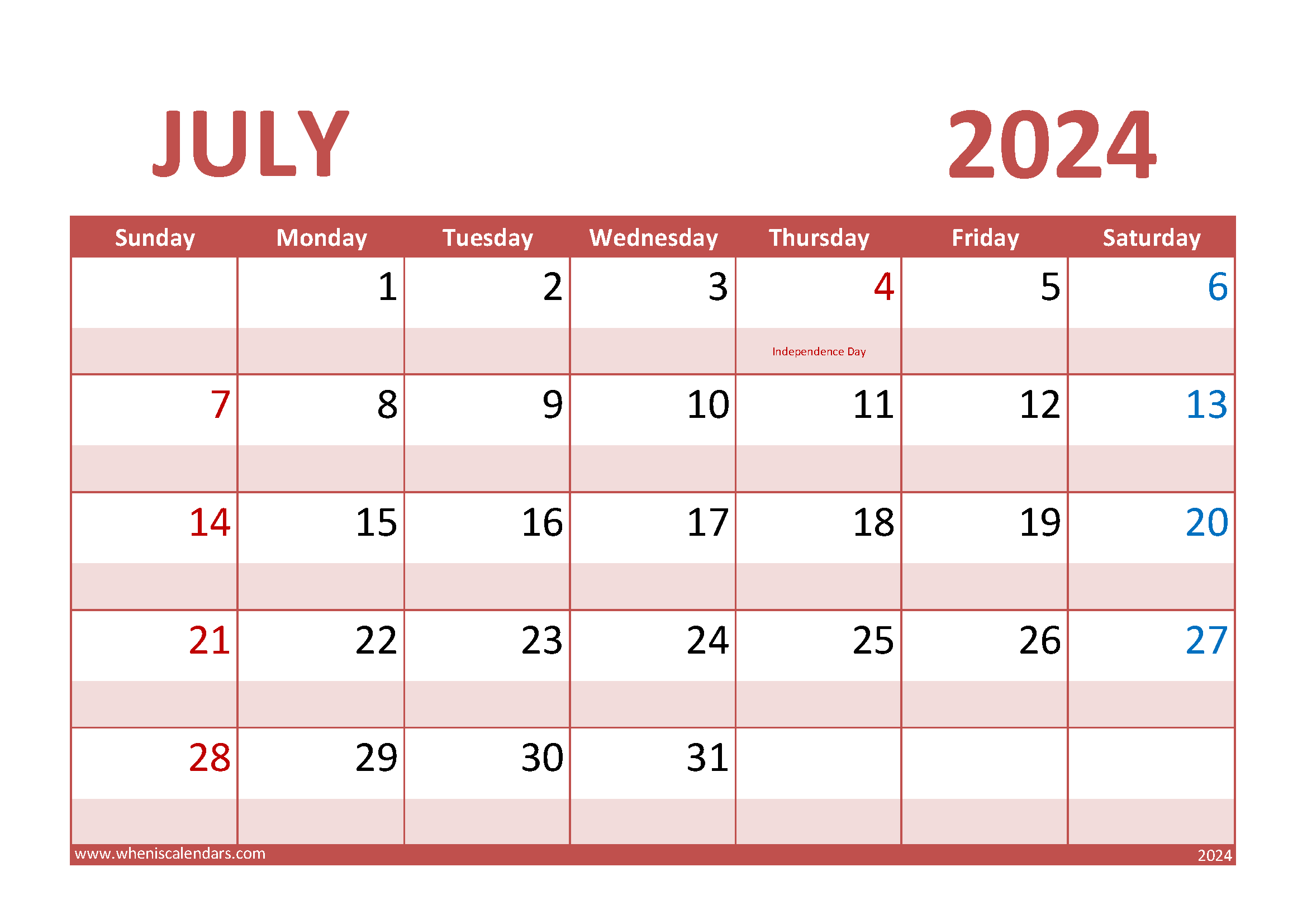 Blank July 2024 Calendar Monthly Calendar