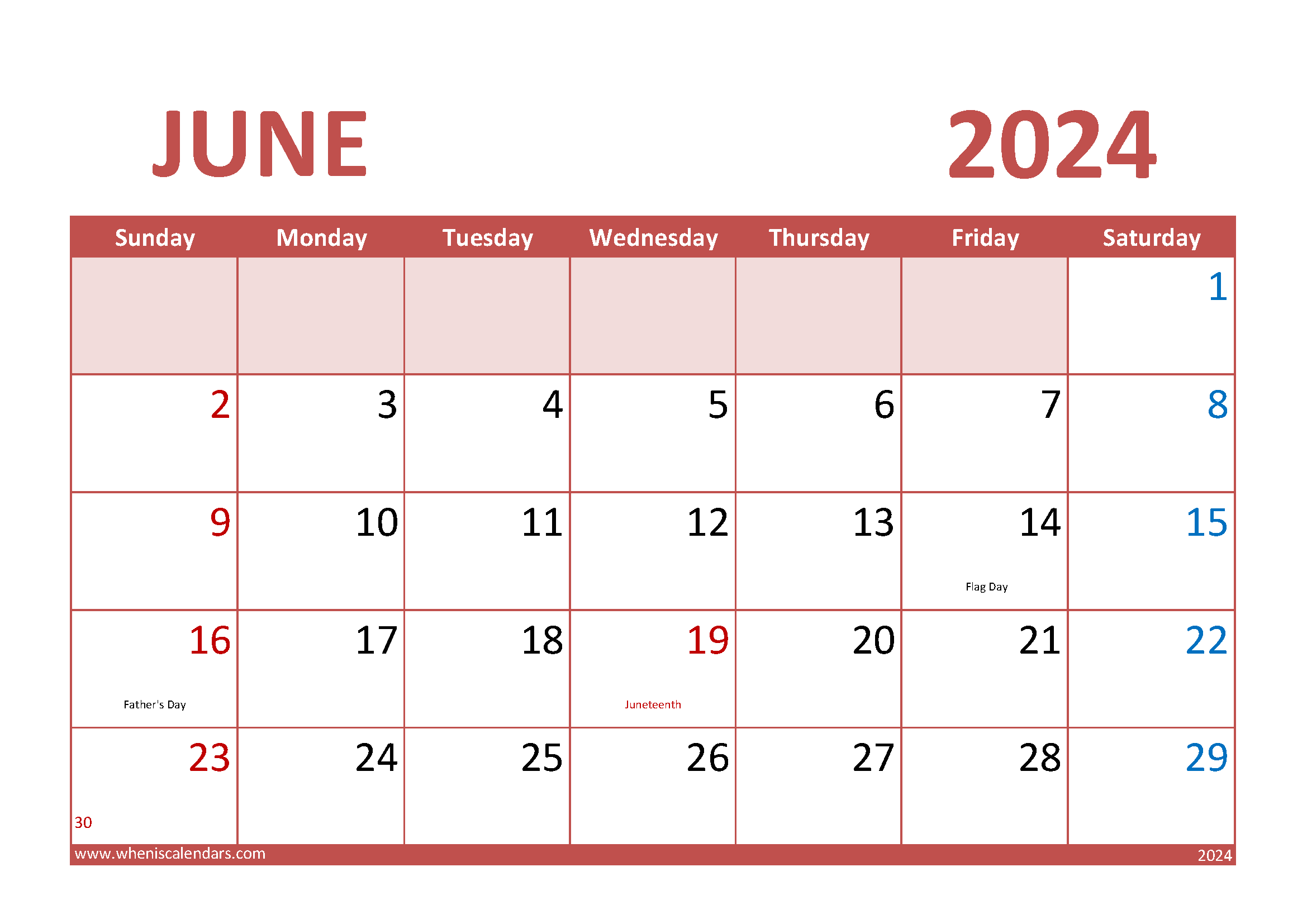 June 2024 Calendar Landscape Monthly Calendar