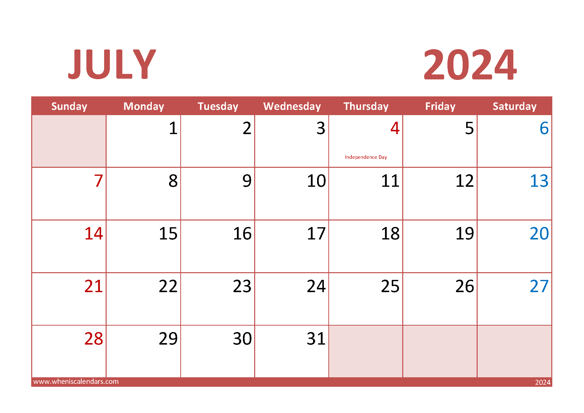July 2024 Calendar A4 Monthly Calendar