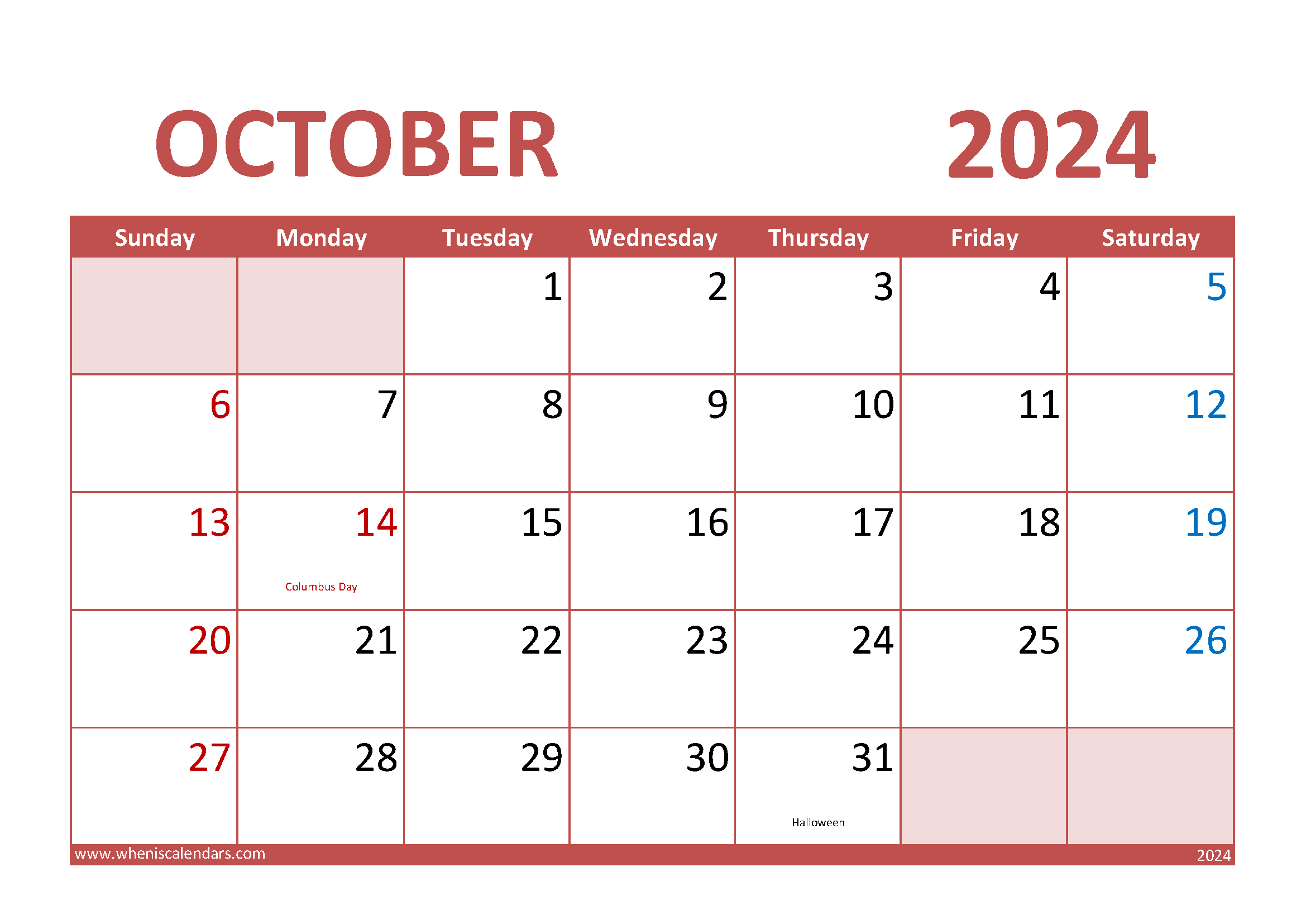 Calendar October 2024 Printable Free Monthly Calendar