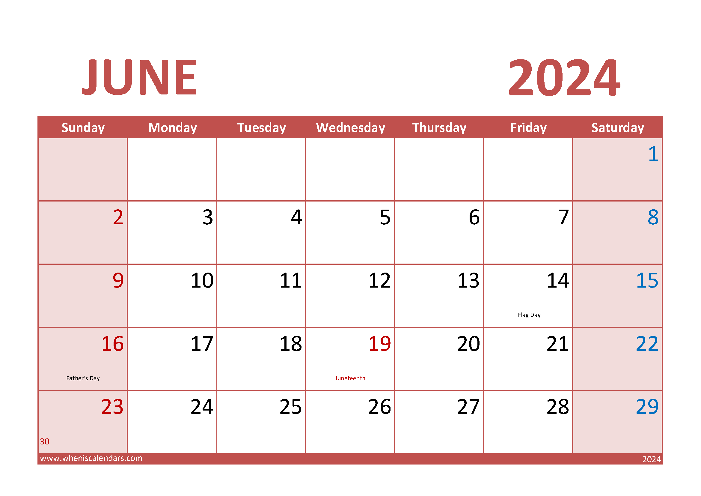 June 2024 Calendar Landscape Monthly Calendar