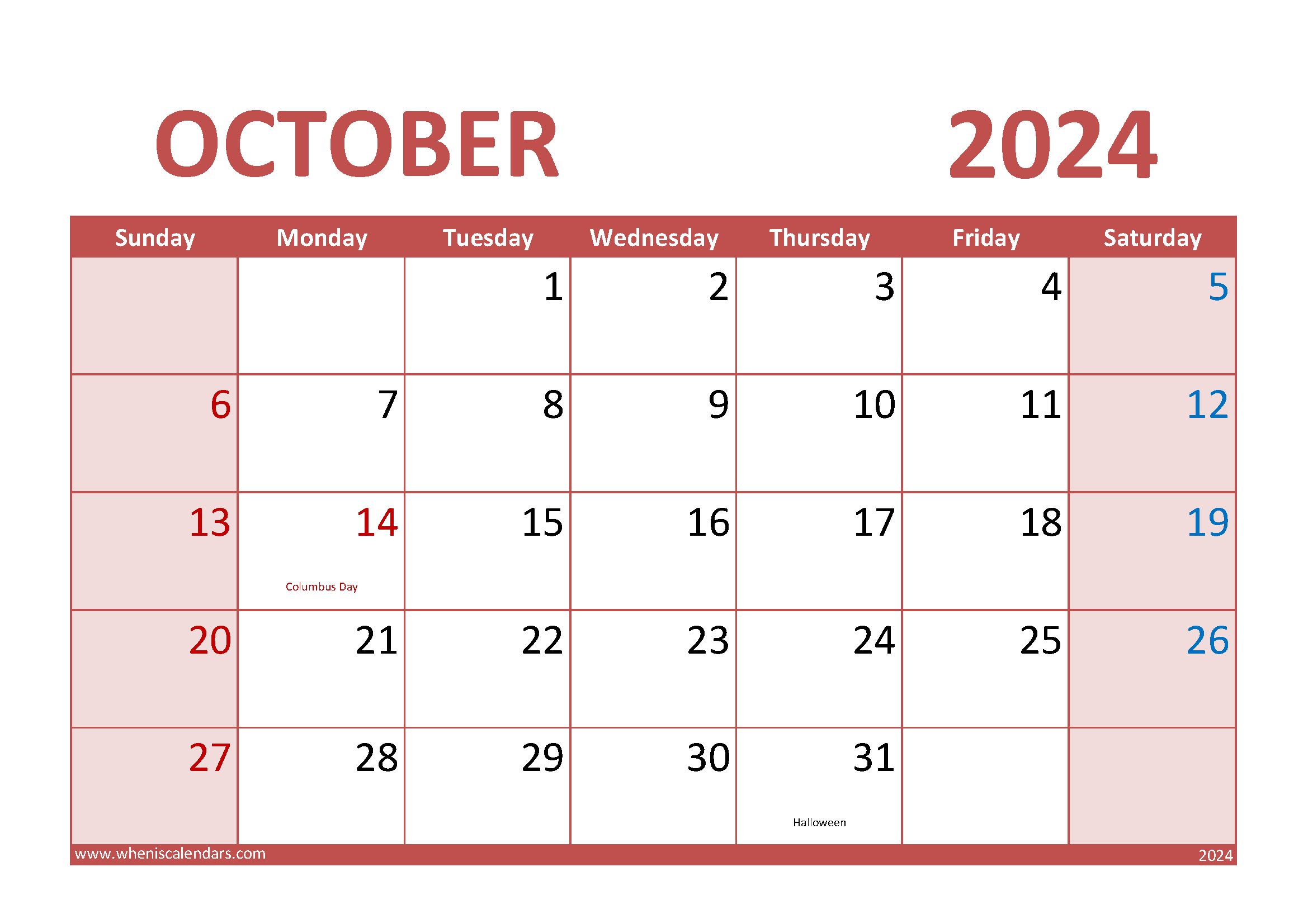 Calendar October 2024 Printable Free Monthly Calendar