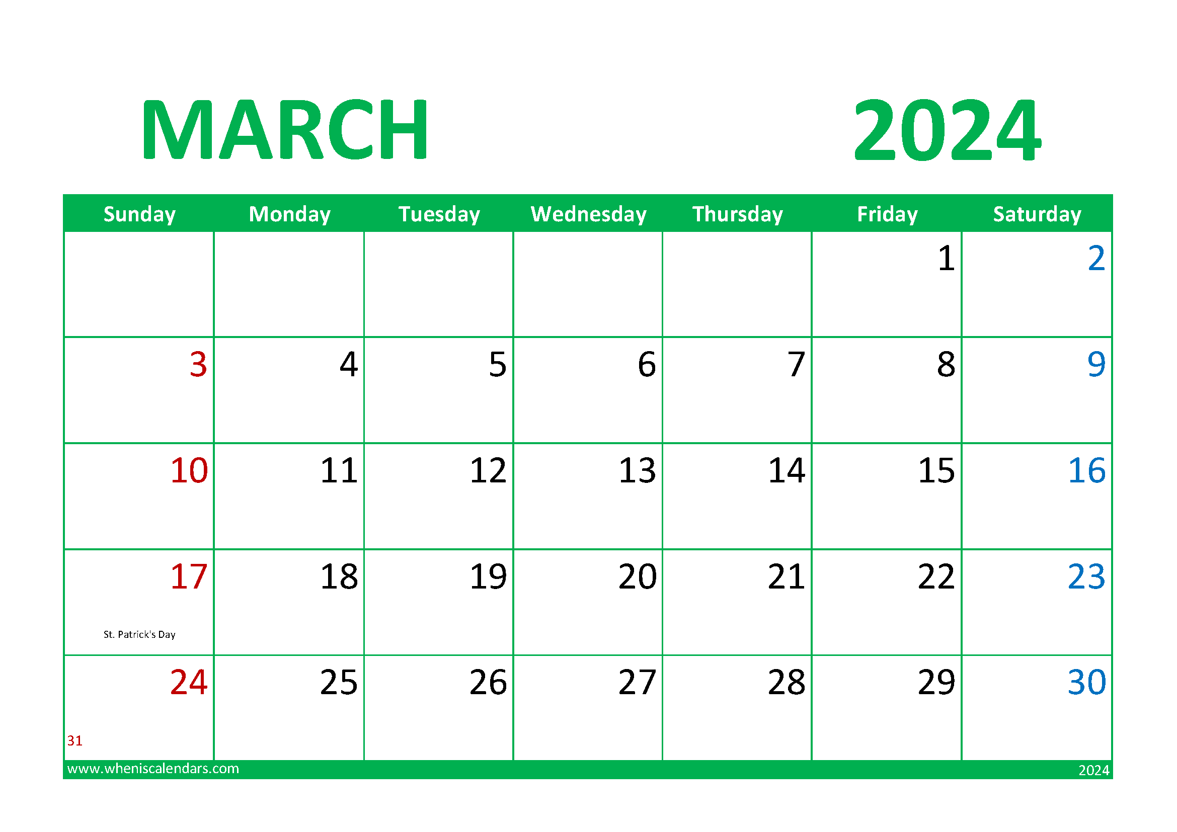 March 2024 Calendar Printable Free M34016