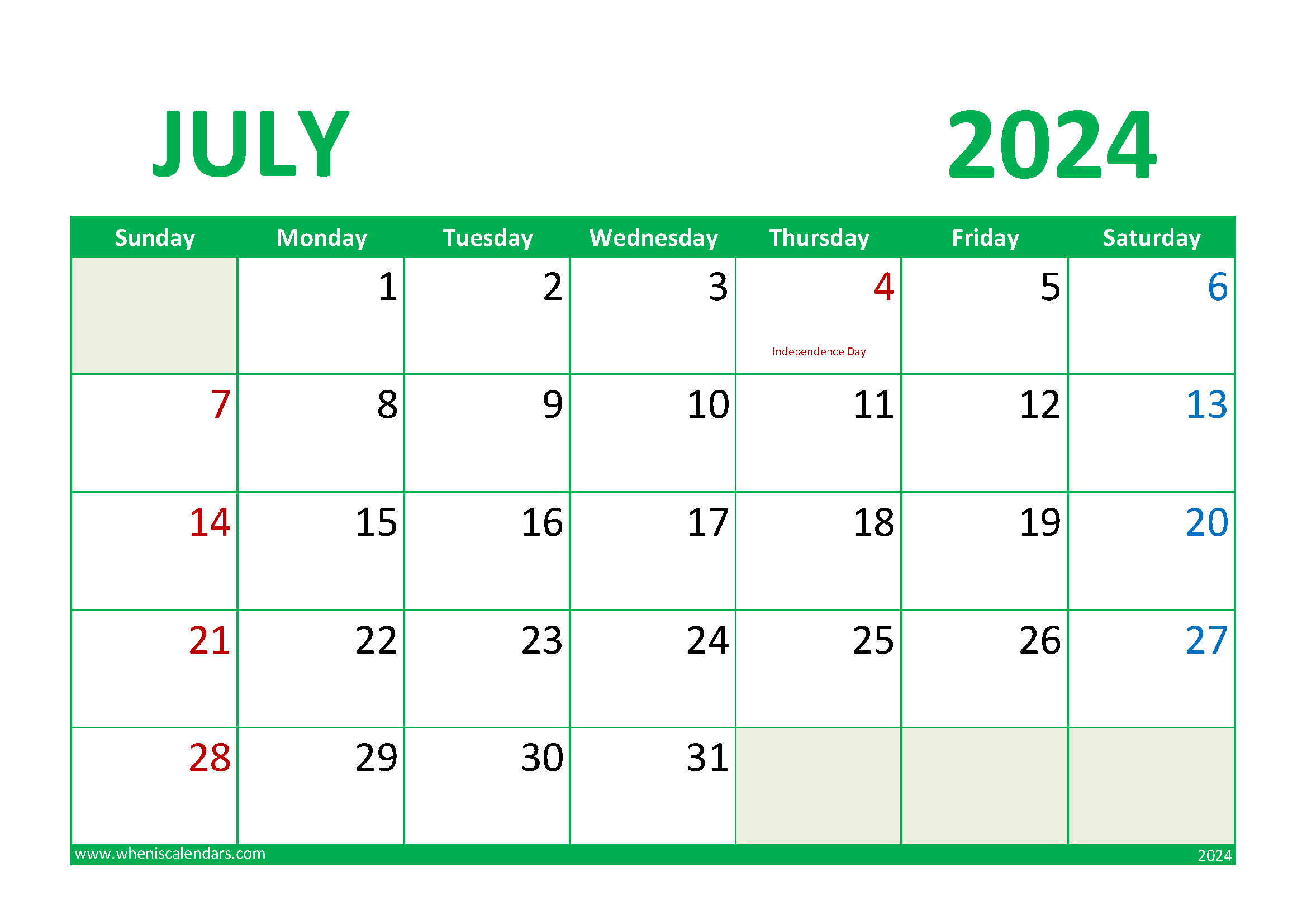 2024 July Calendar Holiday Monthly Calendar